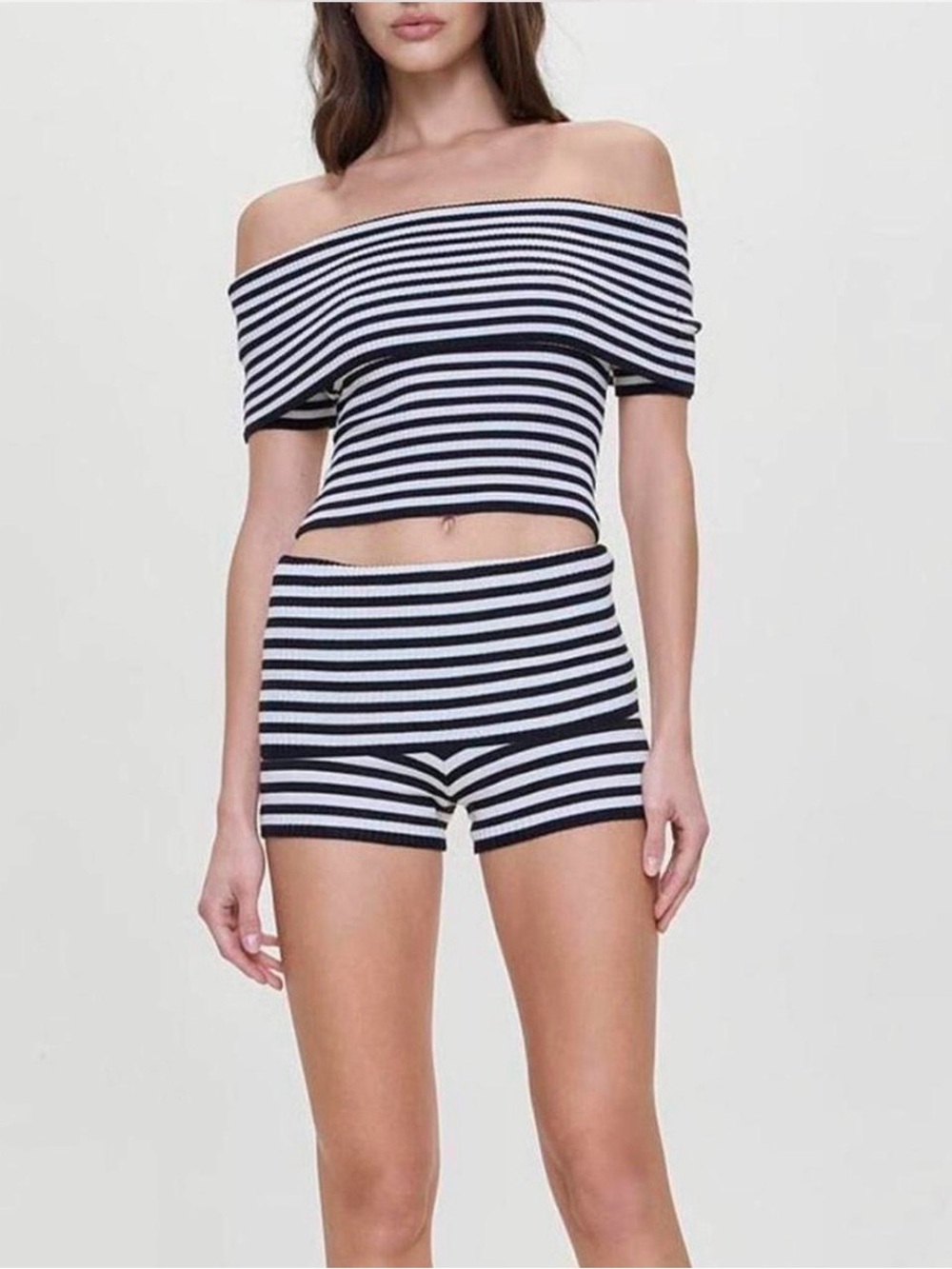 Frankie's Bikinis Black and White Striped Off-Shoulder Crop Top